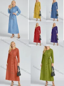 Wholesale Women's Casual Long Sleeve Button Front Plain A-Line Maxi Dress With Belt, LIUHUA CLOTHING WHOLESALE
