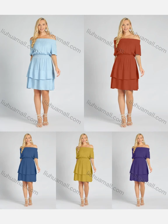 Wholesale Women's Off Shoulder Ruffle Trims Layered Hem Plain Short Dress