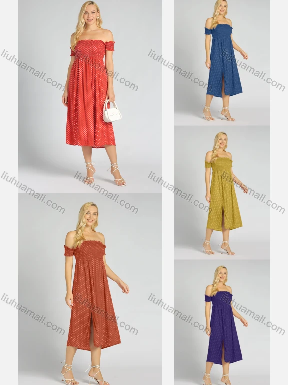 Wholesale Women's Polka Dot Off Shoulder Slit Hem Midi Dress