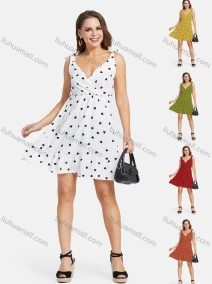 Wholesale Women's Retro Heart Print V Neck Tie Strap Wrap Short Dress, LIUHUA CLOTHING WHOLESALE