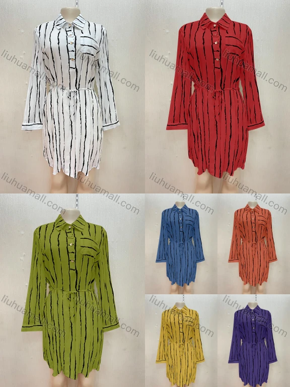 Wholesale Women's Business Buttons Pocket Striped Lace Up Shirt Dress