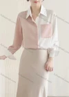 Wholesale Women's Casual Long Sleeve Collared Splicing Colorblock Button Down Patch Pocket Shirts 179898# - Liuhuamall