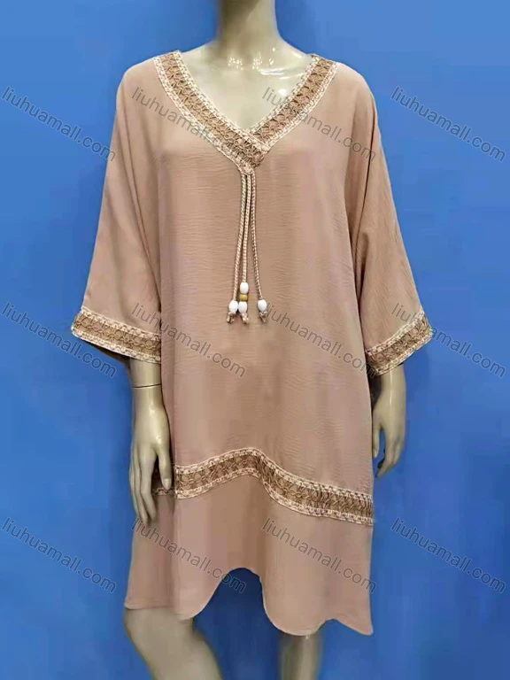 Wholesale Women's Vintage V Neck 3/4 Sleeve Embroidery Trim Short Dress