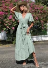 Wholesale Women's Casual Plain Wrap V Neck Ruffle Sleeve Ruffle Hem Maxi Dress With Belt - Liuhuamall