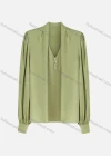 Wholesale Women's Elegant V Neck Bishop Sleeve Pearl Decor Ruched Plain Blouse - Liuhuamall