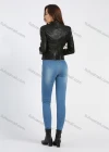 Wholesale Women's Fashion Stand Collar Buckle Multiple Zip Pockets Crop Leather Jacket - Liuhuamall