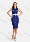 Wholesale Women's Casual Collared Dual Pockets Leather Belt Button Down Denim Dress - Liuhuamall