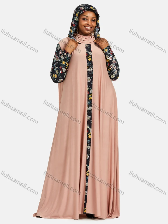 Wholesale Women's Vintage Muslim Islamic Floral Splicing Rhinestone Hooded Abaya Dress