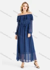 Wholesale Women's Plain Off Shoulder Long Sleeve Flounces Tie Front Mesh Tiered Chiffon Maxi Dress With Belt - Liuhuamall