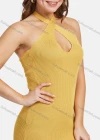 Wholesale Women's Sexy Cross Straps Chested Hollow Side Split Slim Ribbed Knit Halter Knee Length Dress 2153# - Liuhuamall