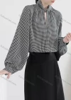 Wholesale Women's Elegant Keyhole Neck Long Sleeve Houndstooth Print Blouse 691794# - Liuhuamall