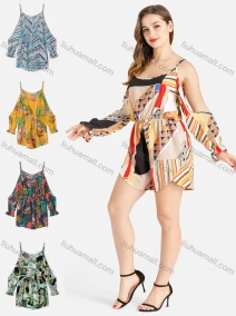 Wholesale Women's Geo Chevron Floral Tropical Striped Print Scoop Neck Cold Shoulder Poet Sleeve Cami Romper, LIUHUA CLOTHING WHOLESALE