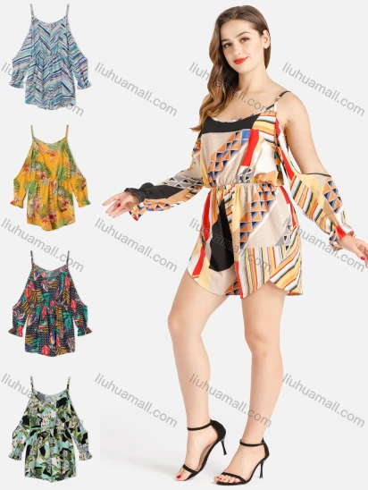 Wholesale Women's Geo Chevron Floral Tropical Striped Print Scoop Neck Cold Shoulder Poet Sleeve Cami Romper