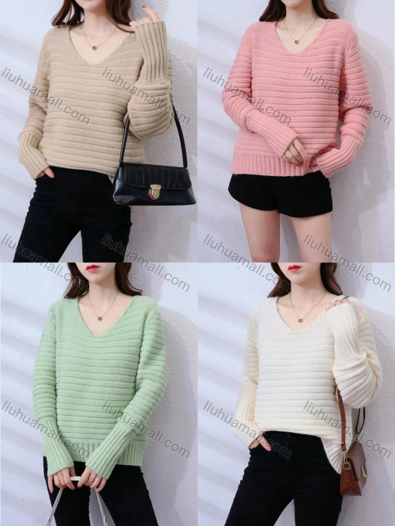 Wholesale Women's Casual V Neck Plain Rib-knit Sweater