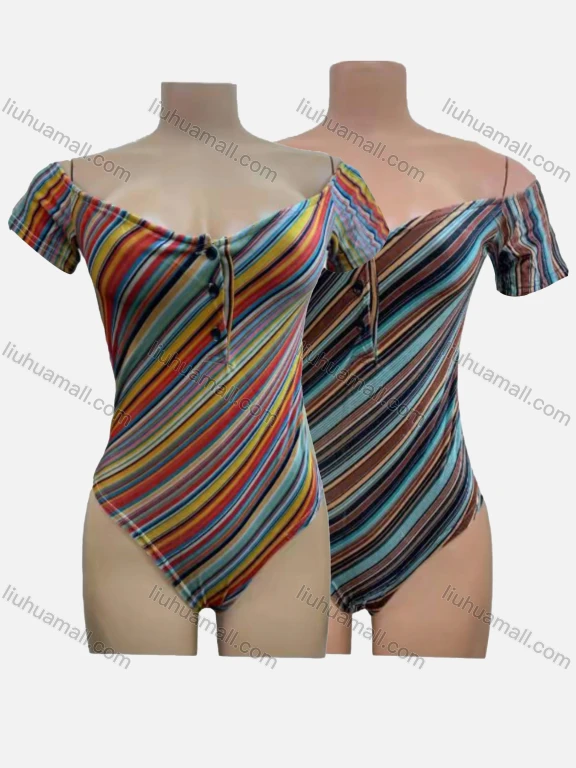 Wholesale Women's Sexy Striped Multi Color Button Front Short Sleeve Bodysuit