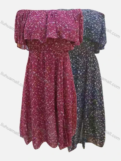 Wholesale Women's Casual Floral Print Off Shoulder Ruffle Trim Ruffle Hem Midi Dress