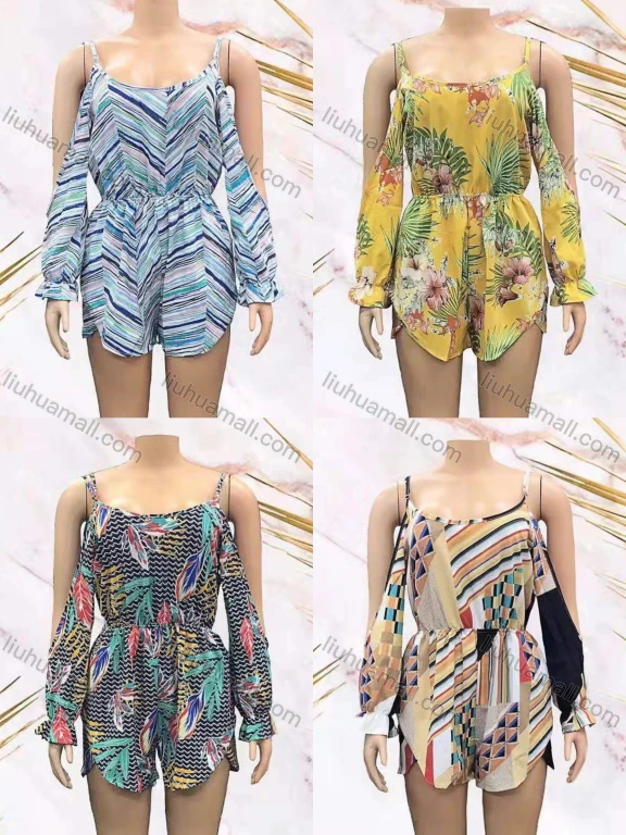 Wholesale Women's Casual Floral & Striped Print Poet Sleeve Cami Romper