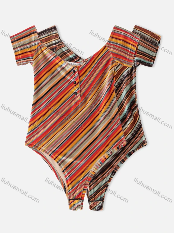 Wholesale Women's Multi-color Stripe Scoop Neck Buckle Short Sleeve Bodysuit