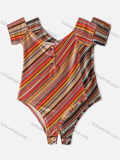 Wholesale Women's Multi-color Stripe Scoop Neck Buckle Short Sleeve Bodysuit