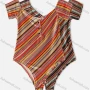 Wholesale Women's Multi-color Stripe Scoop Neck Buckle Short Sleeve Bodysuit preview