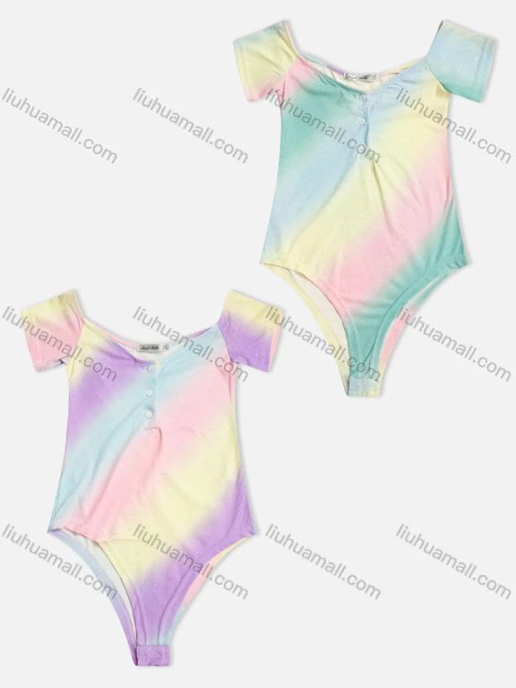 Wholesale Women's Rainbow Ombre Scoop Neck Buckle Short Sleeve Bodysuit