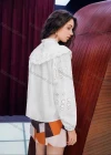 Wholesale Women's Retro Ruffle Neck Lantern Sleeve Ruffle Trim Buttons Hollow Out Layered Swiss Dot Plain Blouse AY191# - Liuhuamall
