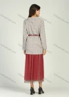 Wholesale Women's Plaid Lapel Belted Blazer With Pleated Veil Skirt 2 Piece Set - Liuhuamall