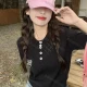 Wholesale Women's Casual Collared Button Front Patch Pocket Short Sleeve Polo Shirts 1052# Black Clothing Wholesale Market Liuhua
