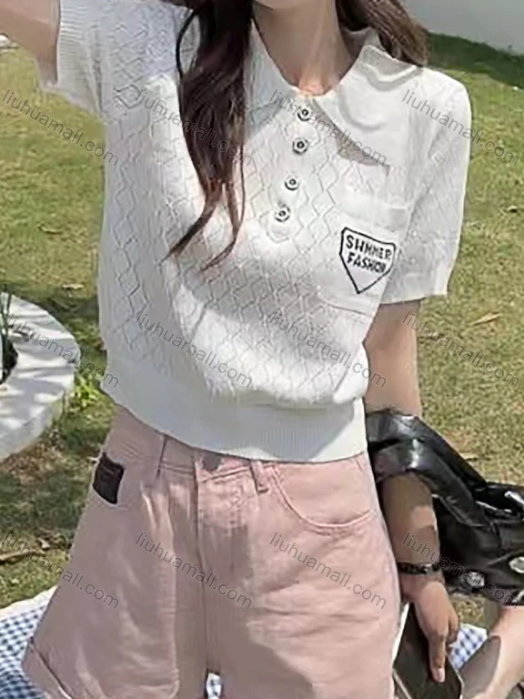 Wholesale Women's Casual Collared Button Front Patch Pocket Short Sleeve Polo Shirts 1052#