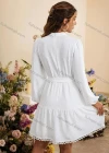 Wholesale Women's Casual Plain Stand Collar Lace Trim Tie Front Long Sleeve Short Dress With Belt - Liuhuamall