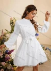 Wholesale Women's Casual Plain Stand Collar Lace Trim Tie Front Long Sleeve Short Dress With Belt - Liuhuamall