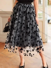 Wholesale Women's Vintage Floral Print Layered Midi Mesh Skirts, LIUHUA CLOTHING WHOLESALE