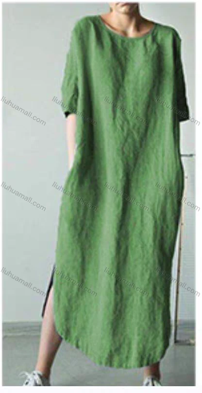 Wholesale 2026 Spring & Summer New Arrival, Round Neck Half Sleeve Loose Cotton Linen Dress, Casual Plus Size Women Dress, Slim Fi