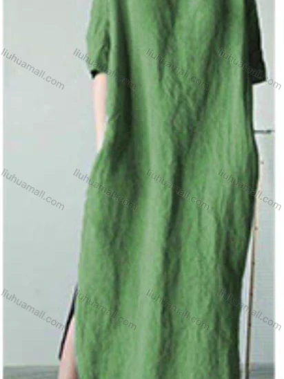 Wholesale 2026 Spring & Summer New Arrival, Round Neck Half Sleeve Loose Cotton Linen Dress, Casual Plus Size Women Dress, Slim Fi