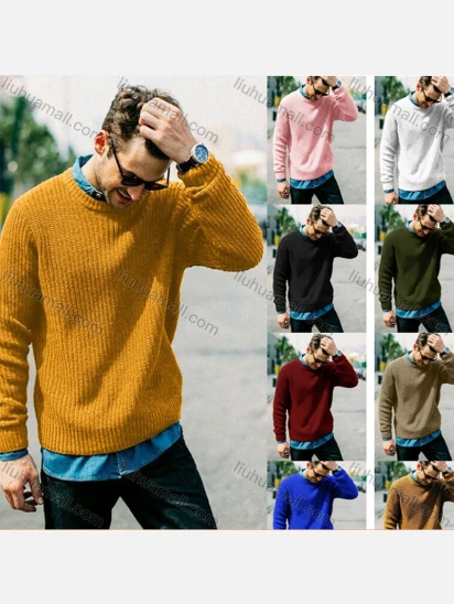 Wholesale Men's Casual Plain Round Neck Long Sleeve Knit Pullover Sweater