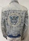 Wholesale Women's Casual Rhinestone Pearl Rivets Decor Tiger Embroidery Pockets Distressed Denim Jacket - Liuhuamall