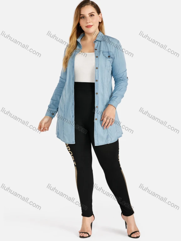 Wholesale Women's Casual Long Sleeve Flap Pocket Button Front Long Denim Shirt