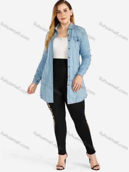 Wholesale Women's Casual Long Sleeve Flap Pocket Button Front Long Denim Shirt