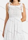 Wholesale Woman's Casual Plain Ruffle Trim Square Neck Eyelet Embroidered Bow Knot Plain Midi Cami Dress - Liuhuamall