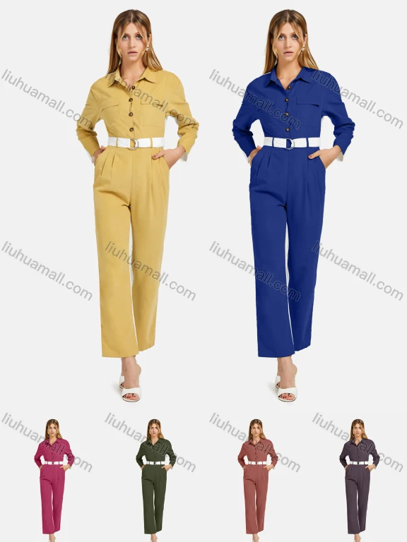 Wholesale Women's Long Sleeve Buttons Pockets Belted Sttiching Jumpsuit