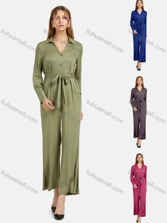 Wholesale Women's Turn-down Collar Shirt Sleeve Buttons Lace Up Plain Jumpsuit