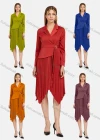 Wholesale Women's Lapel Wrap Long Sleeve Belted Pleated Hanky Hem Plain Dress - Liuhuamall