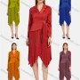 Wholesale Women's Lapel Wrap Long Sleeve Belted Pleated Hanky Hem Plain Dress preview