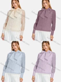 Wholesale Women's Casual Bow Tie Neck Shirt Sleeve Pin Dot Buttons Blouse 700-16#, LIUHUA CLOTHING WHOLESALE