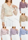 Wholesale Women's Turn-down Collar Shirt Sleeve Polka Dot Shirred Ruffle Hem Crop Blouse - Liuhuamall