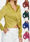 Wholesale Women's Casual V Neck Long Sleeve Shirred Ruffle Trim Twist Plain Blouse - Liuhuamall