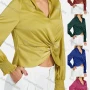 Wholesale Women's Casual V Neck Long Sleeve Shirred Ruffle Trim Twist Plain Blouse preview