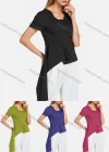 Wholesale Women's Square Neck Short Sleeve Zipper Open Back Asymmetrical Hem Plain Blouse - Liuhuamall