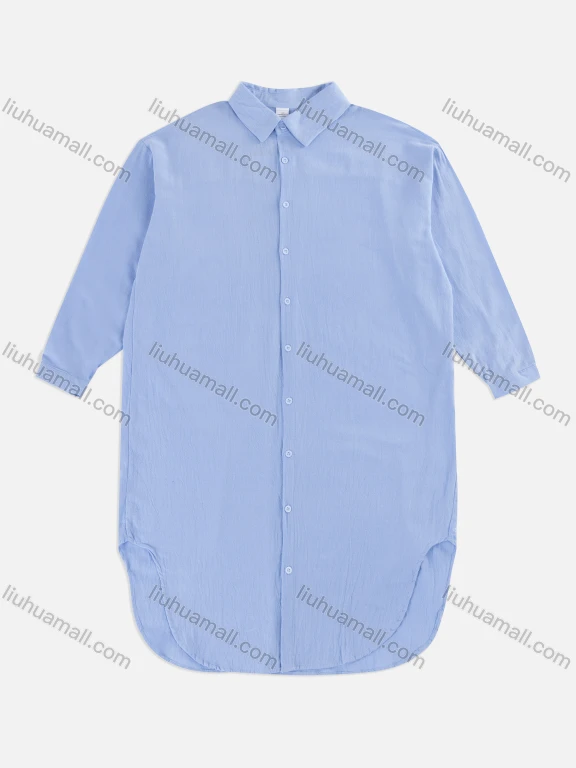 Wholesale Women's Casual Plain Long Sleeve Collared Drop Shoulder Button Down Curved Hem Shirt 1350#