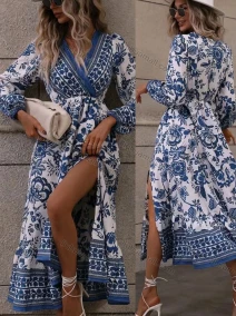 Wholesale Women's Casual & Fashion Wrap V Neck Long Sleeve Split Side Midi Dress, LIUHUA CLOTHING WHOLESALE